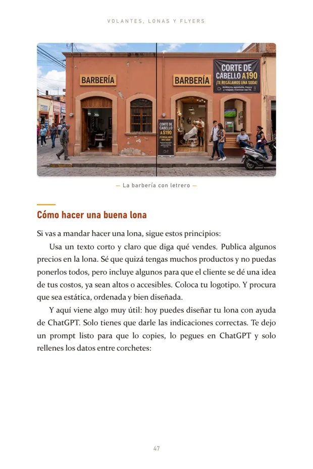 Página 47 del ebook: caso real de una barbería con letrero y cómo hacer una buena lona.