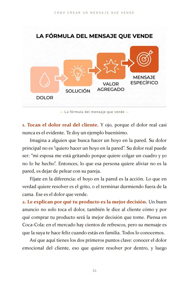 Página 24 del ebook: la fórmula del mensaje que vende, paso a paso.