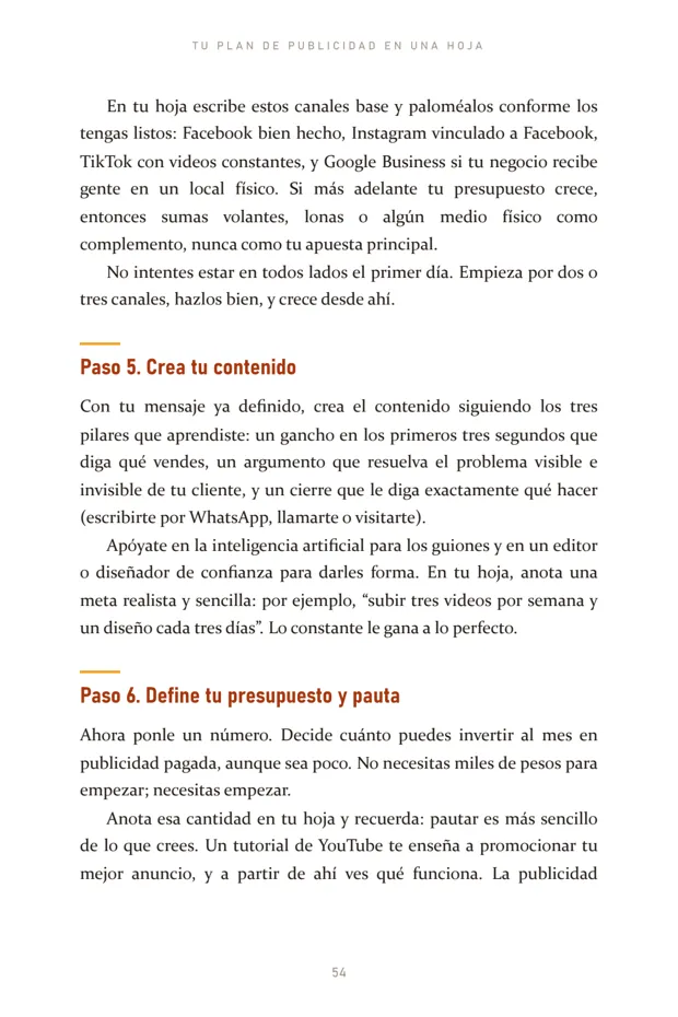 Página 54 del ebook: qué canales base escribir en tu hoja de plan.