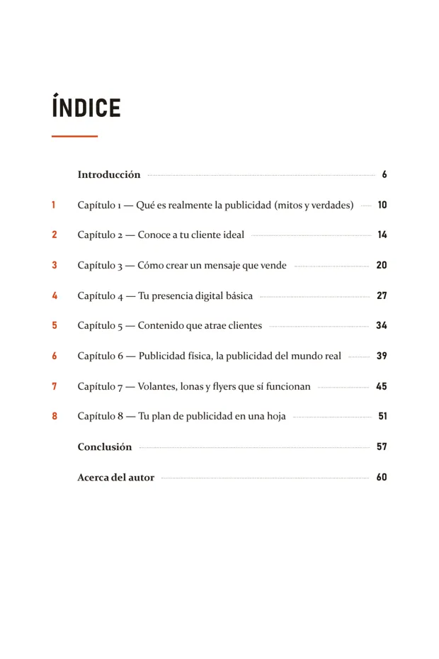 Página 5 del ebook: índice con los ocho capítulos y sus páginas.