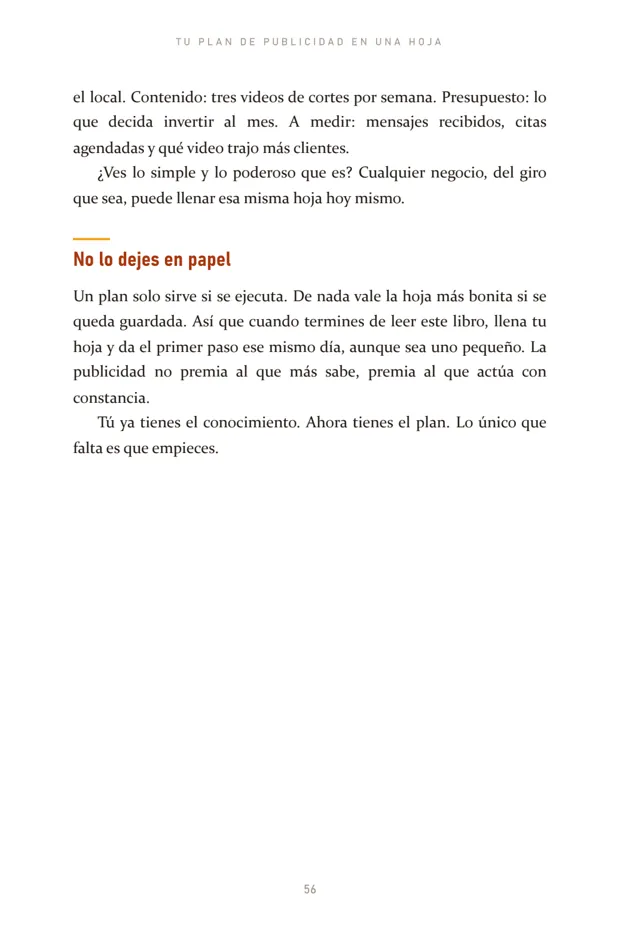 Página 56 del ebook: ejemplo del plan de publicidad completo en una hoja.